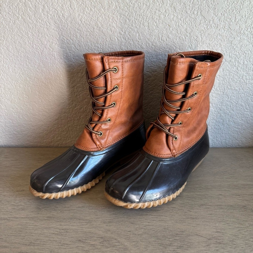 Duck Boots Tan Brown Waterproof Lace‎ Up Round Toe Comfortable Lightweight
